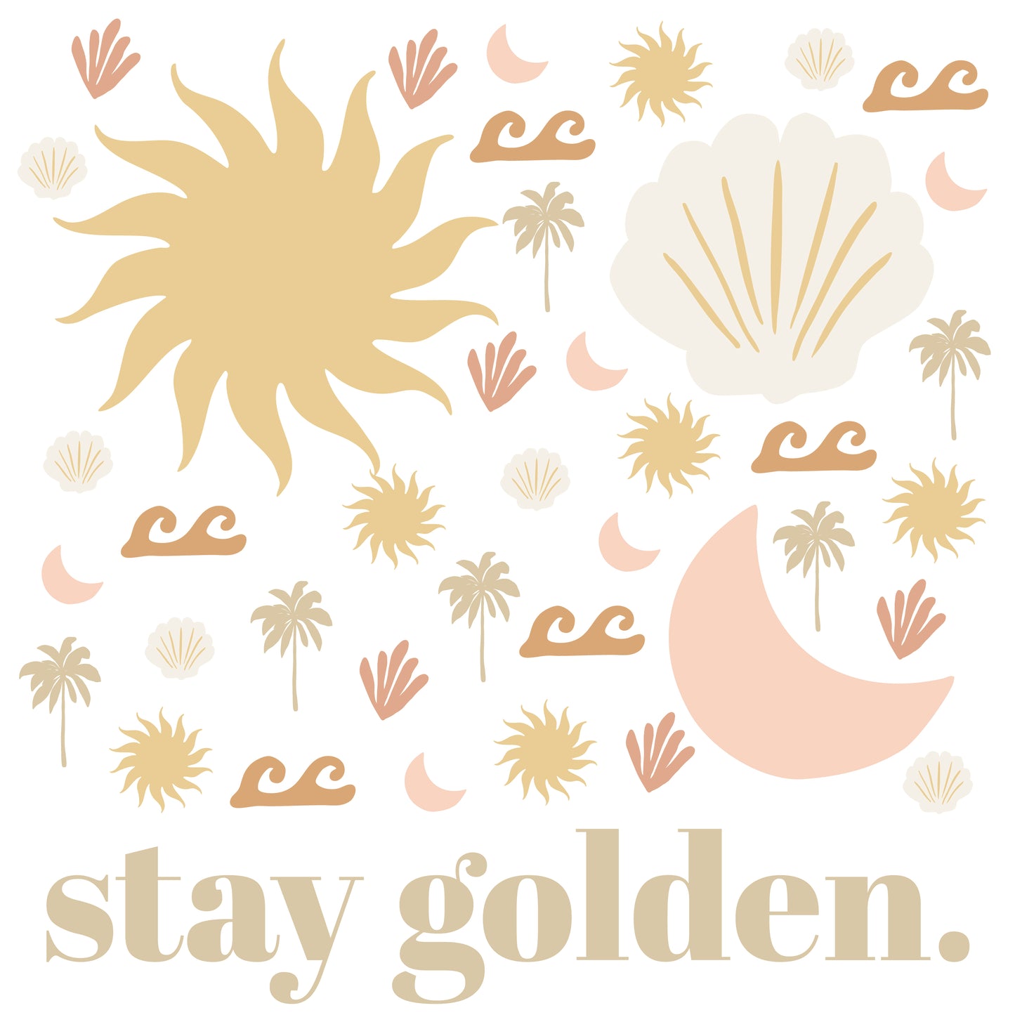 Decorative design with sun, moon, palm trees, and shells on a white background with 'stay golden.' text.