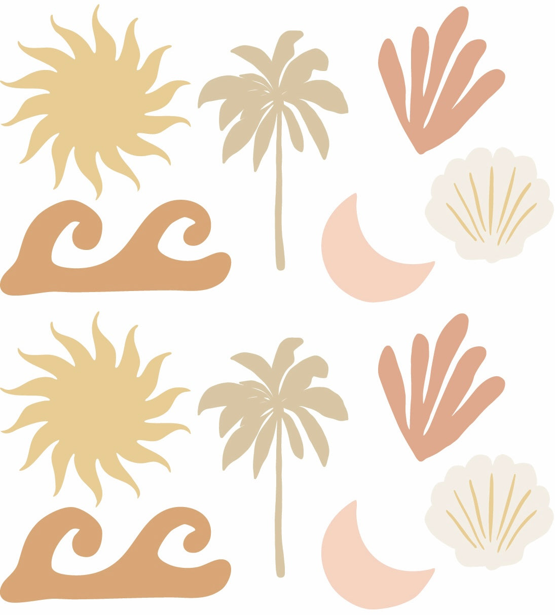 small warm coloured removable decals with sun, moon, coral, wave and palm tree