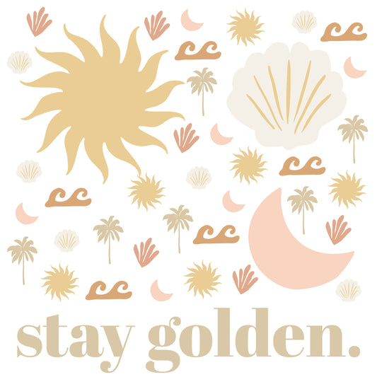 Decorative design with sun, moon, palm trees, and shells on a white background with 'stay golden.' text.