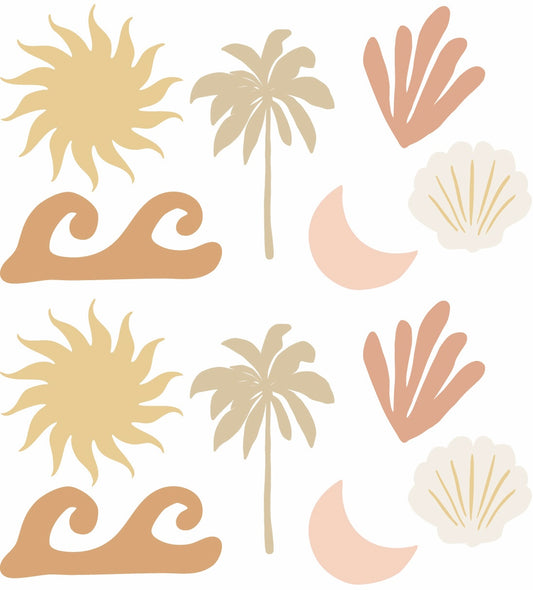 small warm coloured removable decals with sun, moon, coral, wave and palm tree